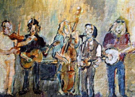 At the Saloon in Dallas 1983. Texas Shorty, Bill Millet, Mike Anderson, Joe Carr and me with sunglasses and hat-like hair… Painting by Gerald Burns.